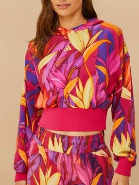 FARM Rio Adidas Birds of Paradise Bold Pink Crop Pullover Hoodie